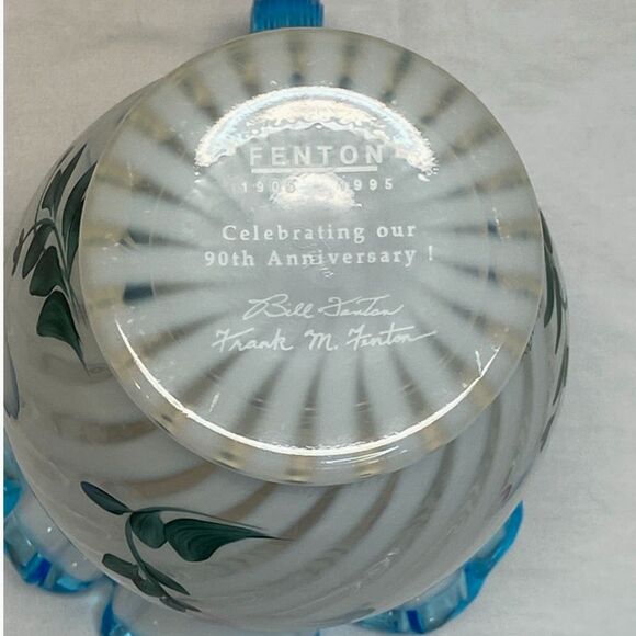 Fenton 90th Spiral French Opal Pitcher Blue Handle Ruffle Rim Poppy Art Glass - Picture 10 of 10